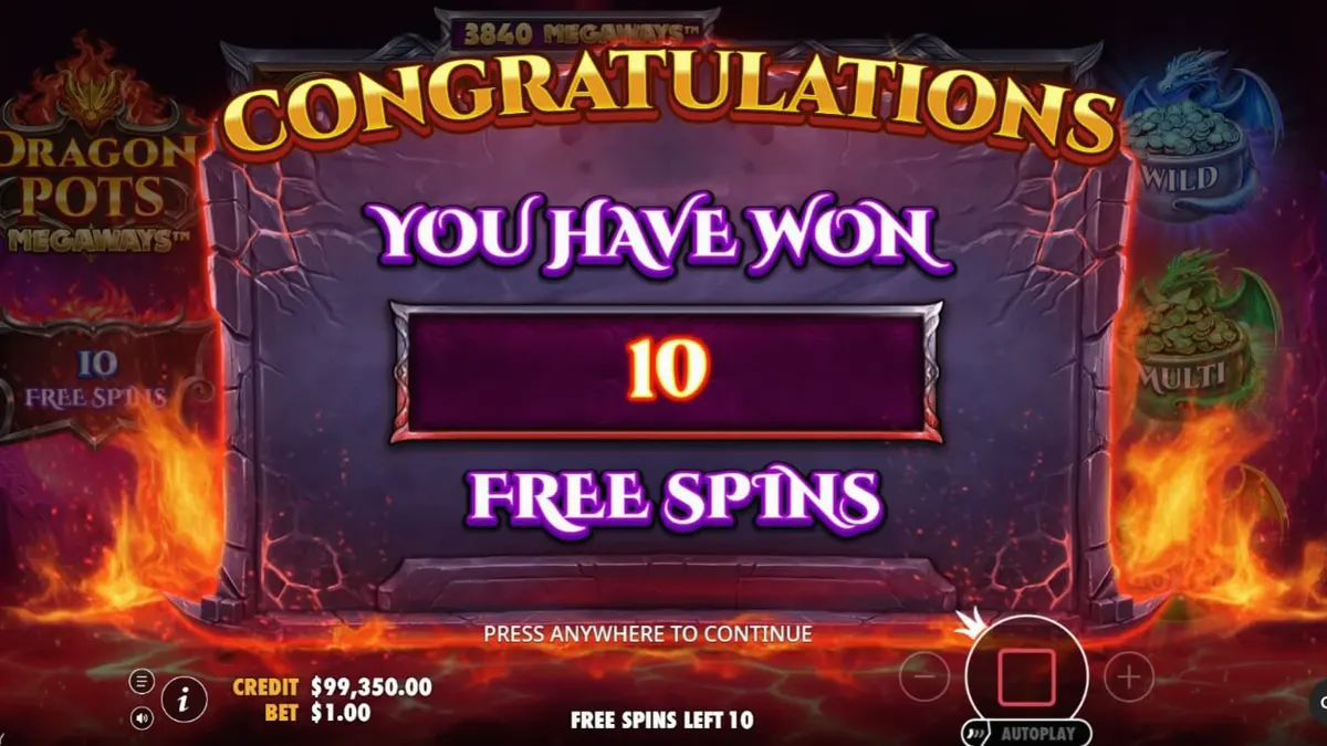 Dragon Pots Megaways slot machine interface with dragon theme